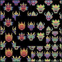 Collection of seamless patterns and elements.Asian style demon face masks.Ornament in Thai style. vector
