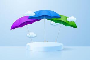 Monsoon sale podium template. Background with podium and clouds, autumn illustration with colorful umbrellas. vector