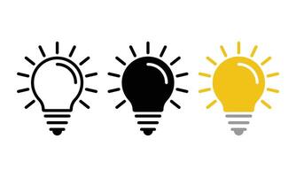 Light bulb with rays shine icon set. Idea symbol. Electric lamp, light, innovation, solution, creative thinking, electricity. Outline, flat, and colored symbol illustration. vector