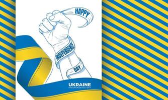 Waving ukraine flag with with a line art design of a hand holding a ribbon that says happy independence day. with simple blue yellow pattern background for ukraine independence day vector