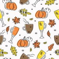 Autumn pattern, elements collection hot drinks, autumn leaves. Coffee, mulled wine. The season is cold, doodle. Seamless, texture, background. vector