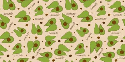 Pattern Avocado. Line art, inscription. One line drawing, abstract fruits and vegetables. Seamless background. vector