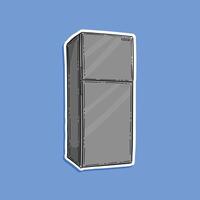 Modern grey fridge. Front view of freezer with closed doors and shadow. Two vertical compartments of refrigerator with handles. Isolated in a blue background illustration design vector