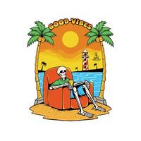 Vibrant and playful illustration of a skeleton enjoying 'Good Vibes' at a tropical beach during sunset. vector