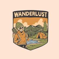 A vintage-style illustration of a skeleton hiker with a backpack, set against a scenic mountain backdrop with a tent by a river. vector
