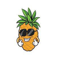 Illustration of a cartoon pineapple with a thumbs up hand pose, complete with sunglasses. These images are suitable for use in a variety of design projects, from merchandise to social media. vector