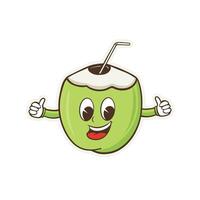 Cartoon illustration of a green coconut with a thumbs up hand, showing a cheerful and funny facial expression. This image is perfect for use in various design projects, such as merchandise, posters, s vector