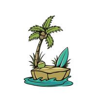 Illustration of a tropical island with a palm tree, surfboard, and coconut on a rock by the sea vector