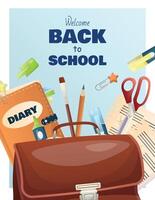 back to school poster. flyer for events, inscription on the background of school items, briefcase, diary, pencil, marker, brush, sheets of paper, textbooks, scissors, office vector