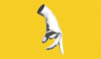 Collage element of halftone hand with walking fingers gesture against bold yellow textured background with copy space. Cut out of magazine shape. Grunge modern retro illustration vector