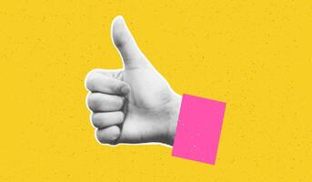 Collage element of halftone hand with thumb up against bold yellow textured background with copy space. Good, OK, okay, like sign. Cut out of magazine shape. Grunge modern retro illustration vector
