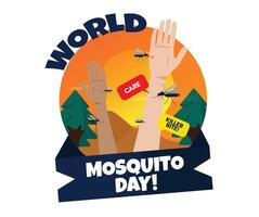 World Mosquito day. 20th August Mosquito day awareness banner with mosquitoes biting on hands and arms, speech bubbles of care, killer bite, sunset view on plain white background. vector