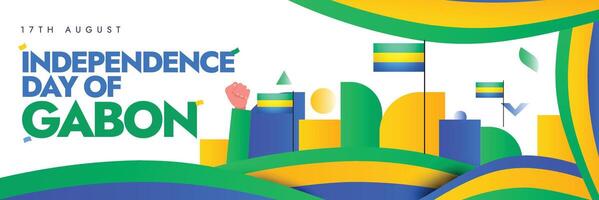 Gabon Independence Day background, cover banner, social media post. 17th August 1960 Gabon Independence day celebration banner with its flags, abstract art elements in flag colours, hand fists in air. vector