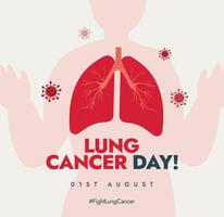 World Lung Cancer Day. 1st August World Lungs cancer day awareness banner with inside view of lungs attacked by viruses. The day focuses on the power of unity in the fight against disease, illness. vector