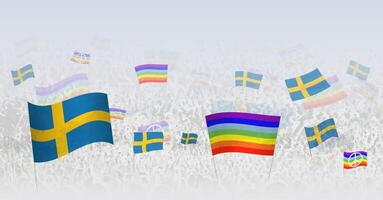 People waving Peace flags and flags of Sweden. Illustration of throng celebrating or protesting with flag of Sweden and the peace flag. vector