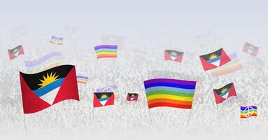 People waving Peace flags and flags of Antigua and Barbuda. Illustration of throng celebrating or protesting with flag of Antigua and Barbuda and the peace flag. vector
