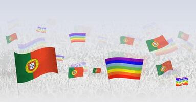 People waving Peace flags and flags of Portugal. Illustration of throng celebrating or protesting with flag of Portugal and the peace flag. vector