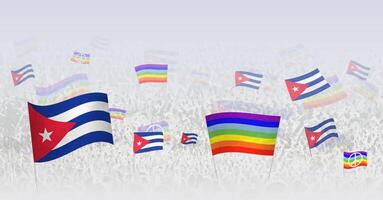 People waving Peace flags and flags of Cuba. Illustration of throng celebrating or protesting with flag of Cuba and the peace flag. vector