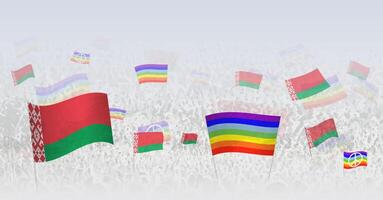 People waving Peace flags and flags of Belarus. Illustration of throng celebrating or protesting with flag of Belarus and the peace flag. vector