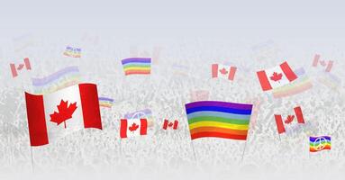 People waving Peace flags and flags of Canada. Illustration of throng celebrating or protesting with flag of Canada and the peace flag. vector