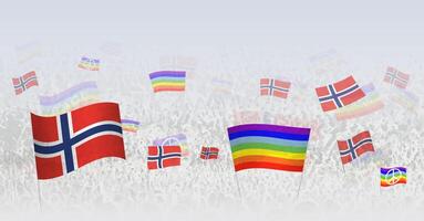 People waving Peace flags and flags of Norway. Illustration of throng celebrating or protesting with flag of Norway and the peace flag. vector