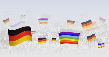 People waving Peace flags and flags of Germany. Illustration of throng celebrating or protesting with flag of Germany and the peace flag. vector