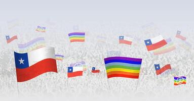 People waving Peace flags and flags of Chile. Illustration of throng celebrating or protesting with flag of Chile and the peace flag. vector