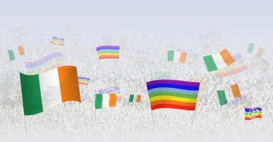 People waving Peace flags and flags of Ireland. Illustration of throng celebrating or protesting with flag of Ireland and the peace flag. vector