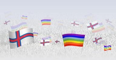 People waving Peace flags and flags of Faroe Islands. Illustration of throng celebrating or protesting with flag of Faroe Islands and the peace flag. vector