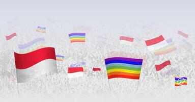 People waving Peace flags and flags of Monaco. Illustration of throng celebrating or protesting with flag of Monaco and the peace flag. vector