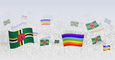 People waving Peace flags and flags of Dominica. Illustration of throng celebrating or protesting with flag of Dominica and the peace flag. vector