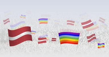 People waving Peace flags and flags of Latvia. Illustration of throng celebrating or protesting with flag of Latvia and the peace flag. vector