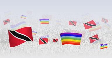 People waving Peace flags and flags of Trinidad and Tobago. Illustration of throng celebrating or protesting with flag of Trinidad and Tobago and the peace flag. vector