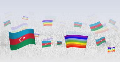 People waving Peace flags and flags of Azerbaijan. Illustration of throng celebrating or protesting with flag of Azerbaijan and the peace flag. vector
