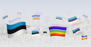 People waving Peace flags and flags of Estonia. Illustration of throng celebrating or protesting with flag of Estonia and the peace flag. vector