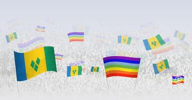 People waving Peace flags and flags of Saint Vincent and the Grenadines. Illustration of throng celebrating or protesting with flag of Saint Vincent and the Grenadines and the peace flag. vector