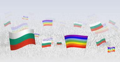People waving Peace flags and flags of Bulgaria. Illustration of throng celebrating or protesting with flag of Bulgaria and the peace flag. vector