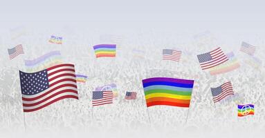 People waving Peace flags and flags of USA. Illustration of throng celebrating or protesting with flag of USA and the peace flag. vector