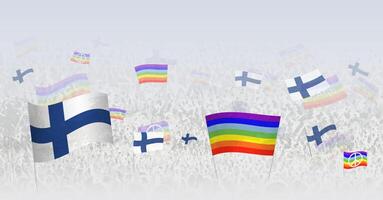 People waving Peace flags and flags of Finland. Illustration of throng celebrating or protesting with flag of Finland and the peace flag. vector