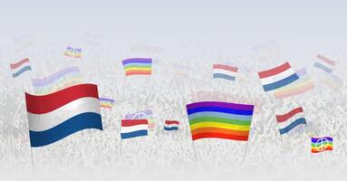 People waving Peace flags and flags of Netherlands. Illustration of throng celebrating or protesting with flag of Netherlands and the peace flag. vector
