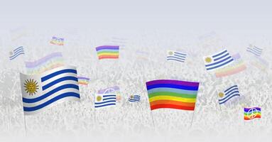 People waving Peace flags and flags of Uruguay. Illustration of throng celebrating or protesting with flag of Uruguay and the peace flag. vector