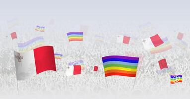 People waving Peace flags and flags of Malta. Illustration of throng celebrating or protesting with flag of Malta and the peace flag. vector