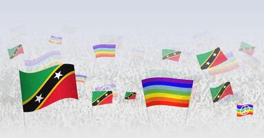 People waving Peace flags and flags of Saint Kitts and Nevis. Illustration of throng celebrating or protesting with flag of Saint Kitts and Nevis and the peace flag. vector