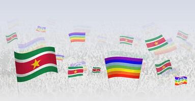 People waving Peace flags and flags of Suriname. Illustration of throng celebrating or protesting with flag of Suriname and the peace flag. vector
