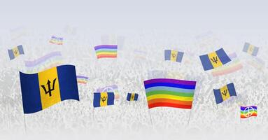 People waving Peace flags and flags of Barbados. Illustration of throng celebrating or protesting with flag of Barbados and the peace flag. vector
