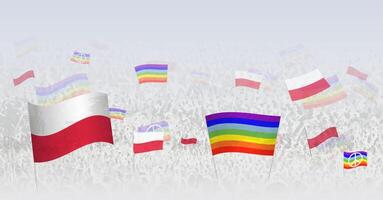 People waving Peace flags and flags of Poland. Illustration of throng celebrating or protesting with flag of Poland and the peace flag. vector