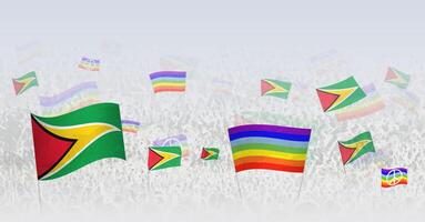 People waving Peace flags and flags of Guyana. Illustration of throng celebrating or protesting with flag of Guyana and the peace flag. vector