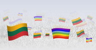 People waving Peace flags and flags of Lithuania. Illustration of throng celebrating or protesting with flag of Lithuania and the peace flag. vector