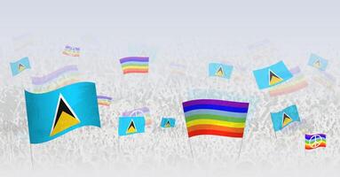 People waving Peace flags and flags of Saint Lucia. Illustration of throng celebrating or protesting with flag of Saint Lucia and the peace flag. vector