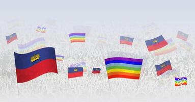 People waving Peace flags and flags of Liechtenstein. Illustration of throng celebrating or protesting with flag of Liechtenstein and the peace flag. vector